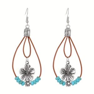 Bohemian retro drop earrings with turquoise beads and silver flower charm on brown leather cord