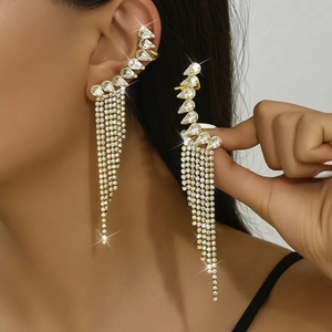 Luxurious gold waterfall tassel ear cuff with sparkling teardrop rhinestones