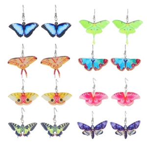 Detailed set of eight gothic butterfly and moth wing dangle earrings in vibrant colors