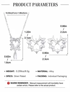 Size chart showing thorn heart necklace and earring dimensions in polished silver finish
