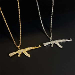 Hip hop AK-47 pendant necklaces with sparkling rhinestones in gold and silver finish