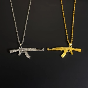 Hip hop style AK-47 assault rifle pendant necklaces in gold and silver with full rhinestones