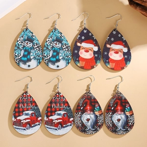 Women Christmas Wooden Teardrop Earrings Vintage Santa Reindeer Snowman Plaid Leopard Print Dangle Earrings Holiday Jewelry