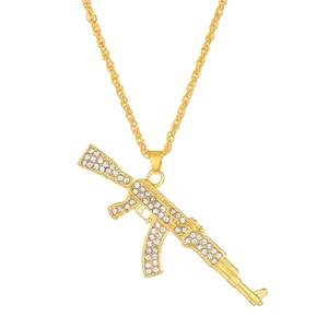 Hip hop AK-47 assault rifle pendant necklace with pave-set rhinestones and gold twist chain