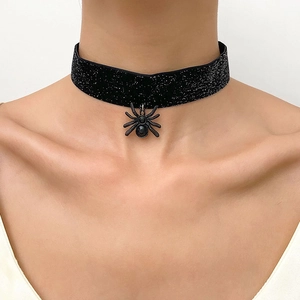 Gothic black glitter velvet choker necklace featuring a detailed spider pendant for women