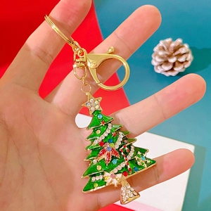 Creative Christmas tree keychain with colorful rhinestones and green enamel on golden alloy