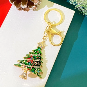 Sparkling Christmas tree keychain with green enamel and colorful rhinestones on wood