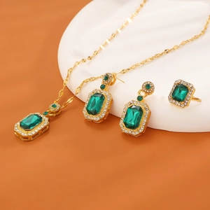 Vintage emerald square gemstone necklace, earrings and ring set in gold finish