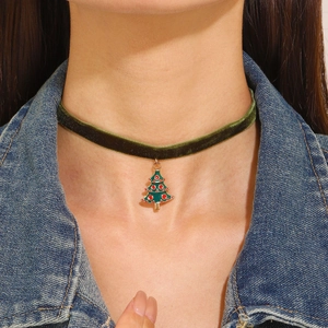 Green velvet Christmas choker necklace with enamel tree pendant for women's festive wear