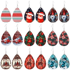 Detail view of nine pairs of Christmas teardrop faux leather earrings with festive holiday patterns