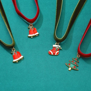 Christmas velvet choker necklace with festive bells and tree charms for women and girls