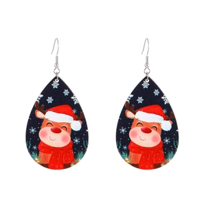 Wooden teardrop Christmas earrings featuring cute cartoon reindeer on a snowy night