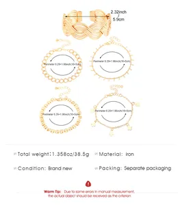 Größentabelle und Details des 5-teiligen goldfarbenen Schlangenketten Armband Sets Damen