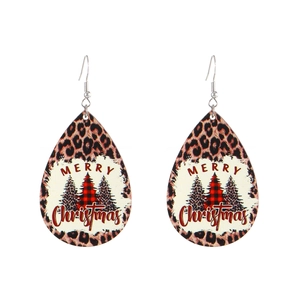 Teardrop wooden Christmas earrings with leopard print border and plaid tree design