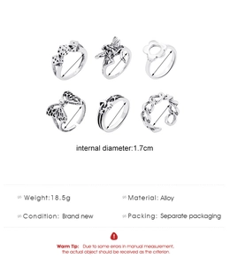 Detailed specs for 6pcs vintage silver alloy ring set with heart and butterfly designs