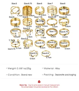 Size chart for 22-piece vintage gold alloy ring set showing diameters from size 4 to 8