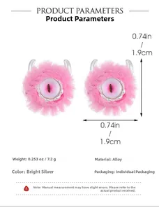 Detailed view of pink plush monster earrings with size 1.9cm and weight 7.2g specifications