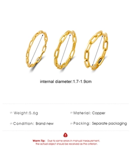 Detailed view of three golden chain-style rings with inner diameter measurements
