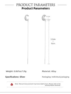Detailed size chart showing 9cm chain length and 1.2cm silver tassel ear cuff dimensions