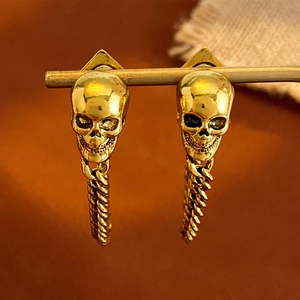 Gothic Punk Gold Totenkopf Ohrringe mit langen gedrehten Seilanhängern für Damen