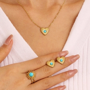 Vintage Titanium Staal Hart Zonnestraal Sieraden Verguld Halsketting Oorknopjes Ring Turkoois Steen Accessoire Voor Vrouwen