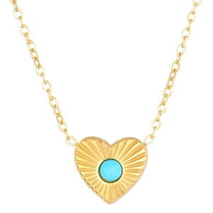 Vintage vergulde hartketting met turquoise steen en zonnestraal gravure