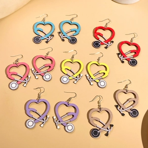 Colorful heart stethoscope wooden drop earrings set for doctors and nurses medical jewelry