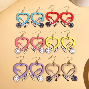 Set of six heart stethoscope wooden dangle earrings in multiple vibrant matte colors