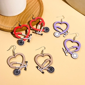 Creative wooden heart stethoscope drop earrings for doctors and nurses in three colors