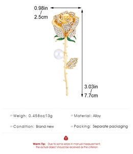 Detailed dimensions of rose brooch with white crystals and green enamel leaf detail