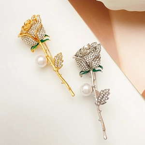 Elegant rose brooch pins with rhinestones, green enamel leaves and white pearls for women