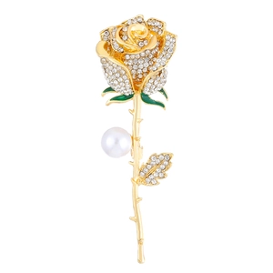 Elegant gold rose brooch with sparkling crystals and large white pearl for suits