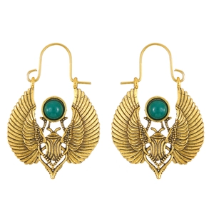 Vintage Egyptian gold scarab earrings with green malachite wings for tribal women