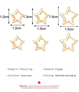 Tre dimensioni di orecchini a cerchio a stella in rame dorato con diametri 1,2cm 1,3cm e 1,5cm