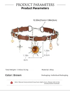 Brown leather choker necklace with star moon sun charms and size specifications detail