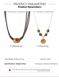 Detailed specs of brown leather star choker and layered tiger eye stone necklace