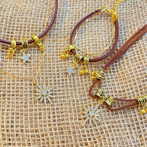 Bohemian brown leather double-layer choker with gold star pendant and sparkling crystals