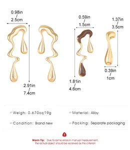 Size chart showing irregular liquid-metal wave earrings dimensions in gold alloy finish