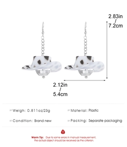Detailed size chart of disco ball cowboy hat earrings with precise dimensions
