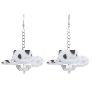 Detailed close-up of disco ball earrings featuring cow print cowboy hats and silver mirrors
