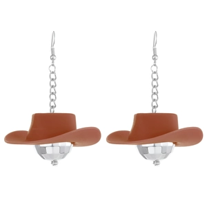 Macro shot of a long drop earring with a brown cowboy hat and a silver laser disco ball charm