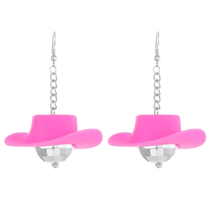 Pink cowboy hat disco ball drop earrings with silver chains for festive party outfits