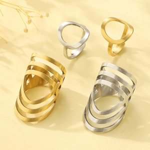 Minimalist geometric gold and silver tiered stackable stainless steel rings for women