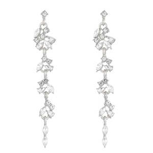 Detail of silver long tassel earrings with marquise and round cubic zirconia leaf clusters