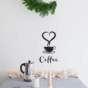 Detail of coffee cup wall decal with heart-shaped steam and elegant Coffee lettering
