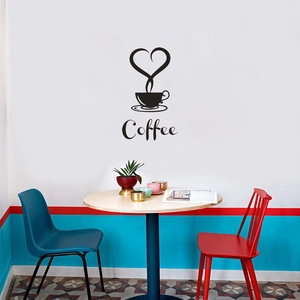 Detail of coffee cup wall sticker with heart steam and Coffee text on white wall