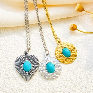 Bohemian turquoise heart and round pendants on gold and silver titanium necklaces