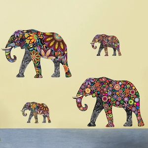 Colorful floral mandala elephant wall decals set of four for living room decoration