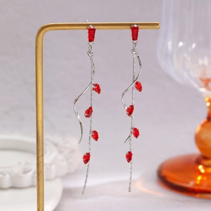 Detail shot of silver tassel earrings with red zircons hanging on a golden display rack