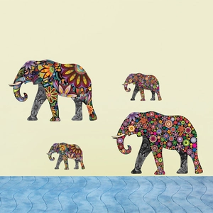 Colorful mandala floral elephant wall stickers set with bohemian pattern for home decoration